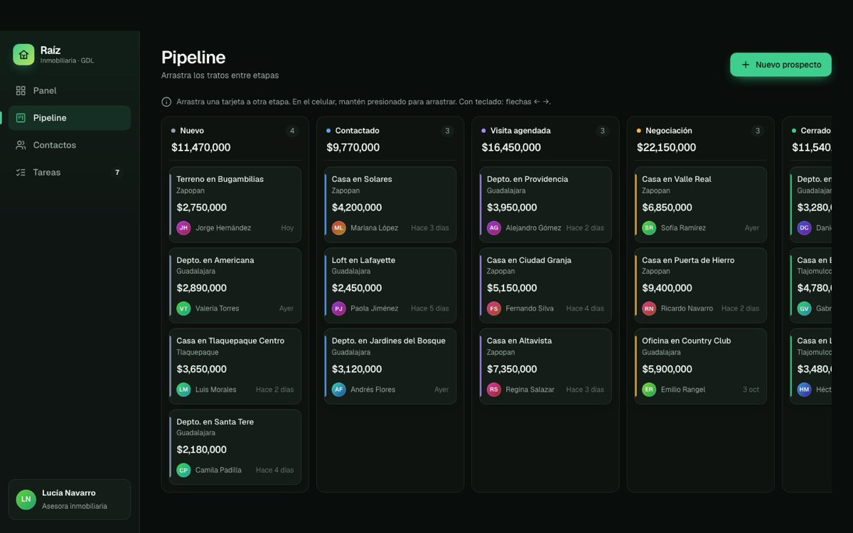 Demo del Mini CRM: pipeline con columnas Nuevo, Contactado, Visita agendada y Negociación, con tarjetas arrastrables