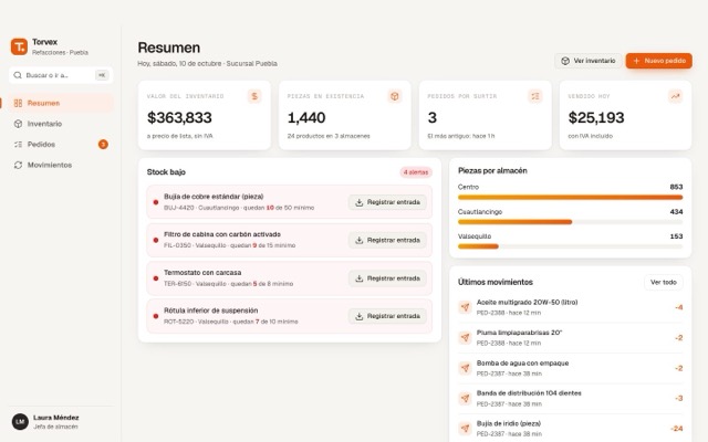 Demo de aplicación web de inventario y pedidos con buscador rápido