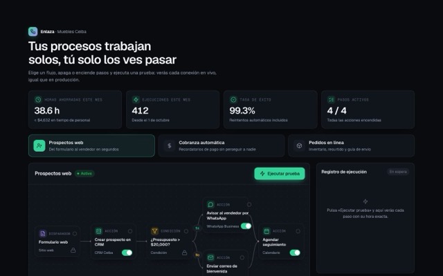 Demo de automatizaciones: flujos visuales que se ejecutan paso a paso con bitácora