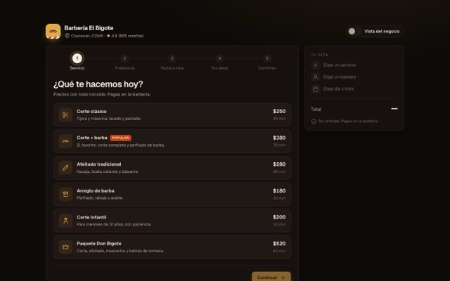 Demo de sistema de citas con calendario, horarios y vista del negocio