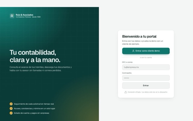 Demo de portal de clientes de un despacho con solicitudes, documentos y pagos