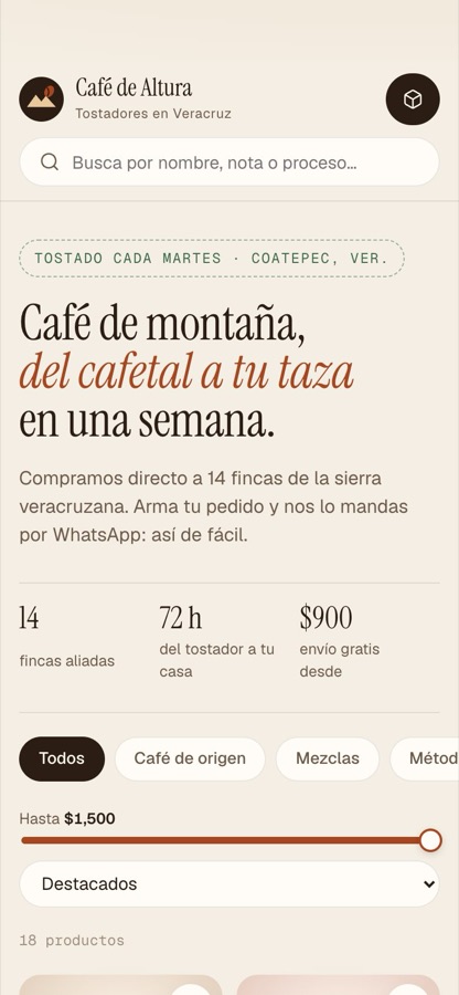 Demo de catálogo digital en celular: tienda de café con filtros y pedido por WhatsApp