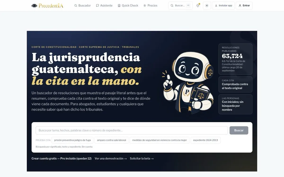 Portada de precedentia.org con el buscador de jurisprudencia