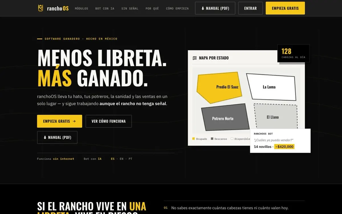 Portada de ranchoos.com, software para ranchos ganaderos
